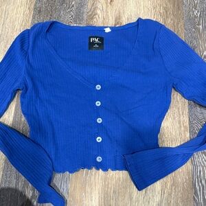 Pacsun Ribbed V-Neck Button Front Crop Top - Royal Blue